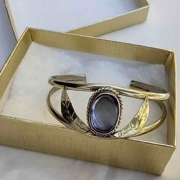 Vintage Skinny Double Band Alpaca Cuff with Purple / Pink Stone Mexican Bohochic - Picture 2 of 11